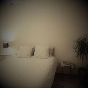 a bedroom with a bed with white sheets and a plant at Historic house residence in Vilnius