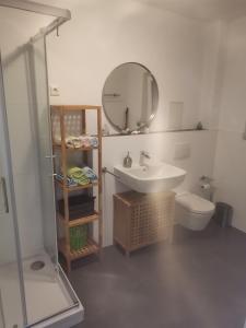 ein Badezimmer mit einem Waschbecken, einem Spiegel und einem WC in der Unterkunft Apartments Alma in Pag