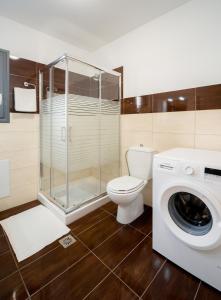 a bathroom with a toilet and a washing machine at Onore in Lixouri