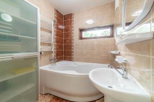 a bathroom with a bath tub and a sink at Apartmán blizko centra Prahy in Prague