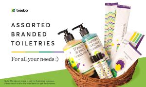 a basket ofented branded toothbrushes and cosmetics at Treebo Trend Apple Villa in Bangalore