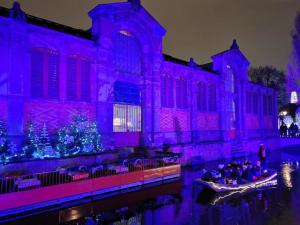 personas en un barco frente a un edificio con luces púrpuras en Logement Colmar centre avec Parking, en Colmar