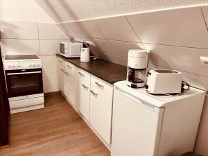 une cuisine avec des placards blancs et un appareil blanc dans l'établissement Apartment-am-Burgberg, Harztor, à Harztor