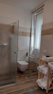 a bathroom with a shower with a toilet and a sink at Agriturismo Fiordimelo-Camere in Tirano