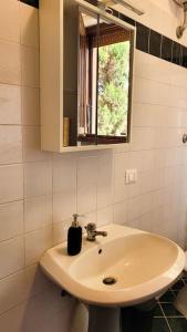 um lavatório branco numa casa de banho com uma janela em Aretina Florence Villa em Florença