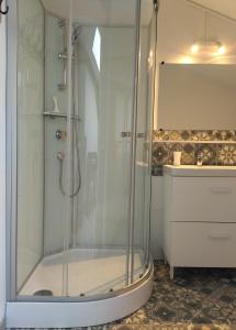 a shower with a glass door in a bathroom at Gîte de la Tournelle in Pradelles