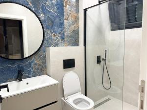 a bathroom with a toilet and a sink and a mirror at Luxury Apartment Amber - with jacuzzi in Kožino