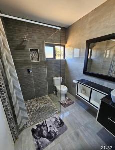 a bathroom with a shower with a toilet and a sink at Chuumba Villas in Lusaka