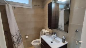 a bathroom with a sink and a toilet and a mirror at Στον Λεμονόκηπο in Nerántza +23 photos