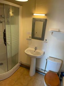 a bathroom with a sink and a toilet and a shower at Lovely French Farmhouse with Private Swimming Pool in Bourganeuf