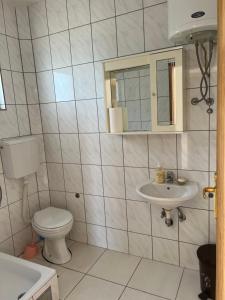 een badkamer met een toilet, een wastafel en een spiegel bij Lake Skadar Paradise in Podgorica