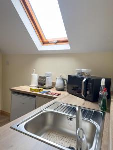 cocina con fregadero y tragaluz en Clare Forest Apartment, en Ballycastle