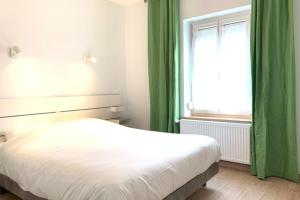 1 dormitorio con 1 cama y una ventana con cortinas verdes en Appart'Village Le Creusot N4 NeufNetflix, en Le Creusot