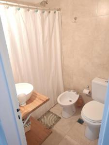 a bathroom with a toilet and a sink and a shower at Mar de Anto in Puerto Madryn