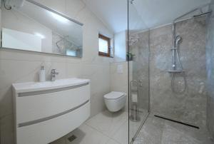 a bathroom with a shower and a toilet and a sink at Apartman Marin in Makarska +19 photos