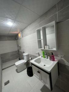 een badkamer met een wit toilet en een wastafel bij Enjoy Wadi Rum stars in Disah