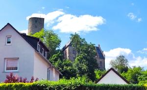a house with a chimney on a hill with trees at Unterkunft4You-Ferienhaus-Zum-Burgfried in Usingen