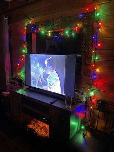 uma sala de estar com televisão e luzes de Natal em A Cabin You Won't Want to Leave em Fairbanks