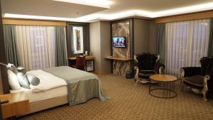 ブルサにあるGreen Prusa Hotelのベッド、テレビ、椅子が備わるホテルルームです。