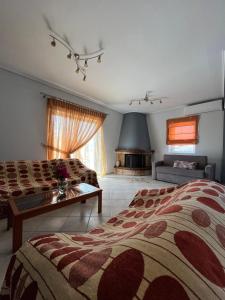 a bedroom with a bed and a couch and a fireplace at Ενθύμιον in Nafplio