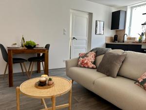 - un salon avec un canapé et une table dans l'établissement appartement balnéo-centre ville et parking, à Moulins