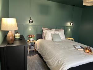 - une chambre avec un grand lit aux murs verts dans l'établissement appartement balnéo-centre ville et parking, à Moulins