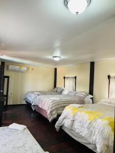 una camera con tre letti di La Delphina Bed and Breakfast Bar and Grill a La Ceiba