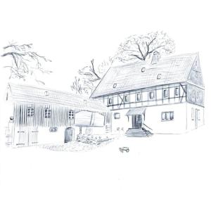 un dibujo a lápiz de una casa en Mothsgut - moderne Ferienwohnung auf dem Bauernhof im Erzgebirge en Oelsnitz