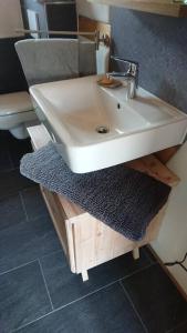 a bathroom with a white sink and a toilet at Mothsgut - moderne Ferienwohnung auf dem Bauernhof im Erzgebirge in Oelsnitz