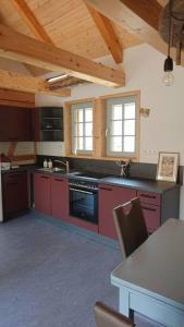 Oelsnitz的住宿－Mothsgut - moderne Ferienwohnung auf dem Bauernhof im Erzgebirge，一间厨房,里面配有红色橱柜和一张桌子