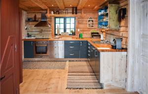 eine Küche mit blauen Schränken und Holzwänden in der Unterkunft Awesome Home In Rauland With House A Panoramic View in Rauland
