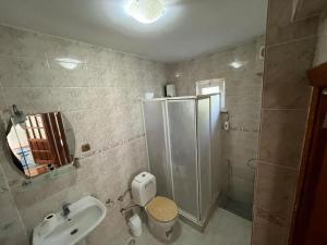 W łazience znajduje się prysznic, toaleta i umywalka. w obiekcie Alaçatıda bahçeli müstakil ev w mieście Alaçatı