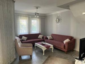 - un salon avec un canapé et une table dans l'établissement Alaçatıda bahçeli müstakil ev, à Alaçatı