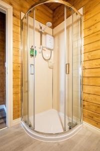 una doccia con cabina in vetro in una camera con pareti in legno di Torr Lodge- luxury log cabin with private hot tub! a Ballycastle