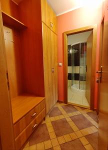 a bathroom with wooden cabinets and a large mirror at Chata Gatterhof in Banská Štiavnica +55 photos