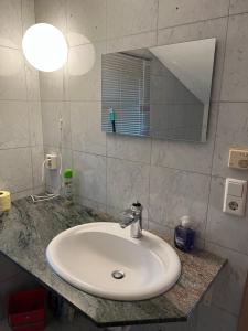 a bathroom counter with a sink and a mirror at OL Wohnungen Hohenems in Hohenems