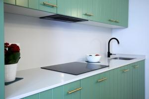 a kitchen with green cabinets and a sink at CAMERANOAPARTMENTS - L'ANGOLO DELLA PIAZZA in Camerano