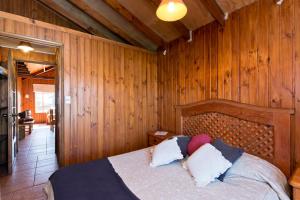 a bedroom with a bed in a wooden wall at Cabañas Orion in Concón