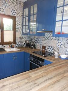 una cucina con armadi blu e lavandino di Las Palmeras del Cantal a Mojácar