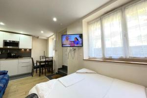 sypialnia z łóżkiem oraz kuchnia z telewizorem w obiekcie Cosy Appart Jouy N1 RER C 500 m w mieście Jouy-en-Josas