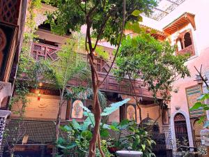 a building with a tree in front of it at Riad Toyour- Riad of birds in F&egrave;s