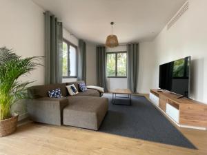 un soggiorno con divano e TV a schermo piatto di Villa Manita a Capbreton