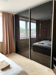 ルブリンにあるPokoje Rezydencja Parysaのベッドルーム(大きなガラスのクローゼット、ベッド付)