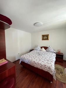 a bedroom with a bed with a floral bedspread at Pensiunea Casa Ana in Agapia
