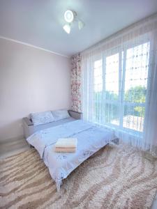 - une chambre avec un lit et une grande fenêtre dans l'établissement Cozy Two Bedroom Large Apartment, à Chişinău