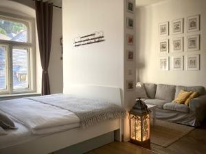 - une chambre avec un lit, un canapé et une fenêtre dans l'établissement Apartmán Vincent, à Banská Štiavnica