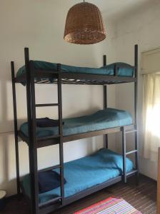 a room with three bunk beds with blue sheets at El Bicho Negro Hostel in Concordia