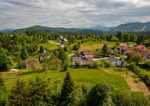 una vista aérea de un pequeño pueblo en un campo verde en KUĆA ZA ODMOR DANICA en Čabar