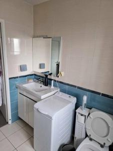 La salle de bains est pourvue de toilettes et d'un lavabo. dans l'établissement Bel appartement centre-ville Ondres - Landes, à Ondres