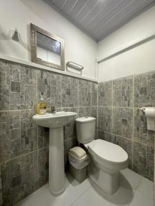 a bathroom with a toilet and a sink at Hostal Casa Jardin Cartagena in Cartagena de Indias